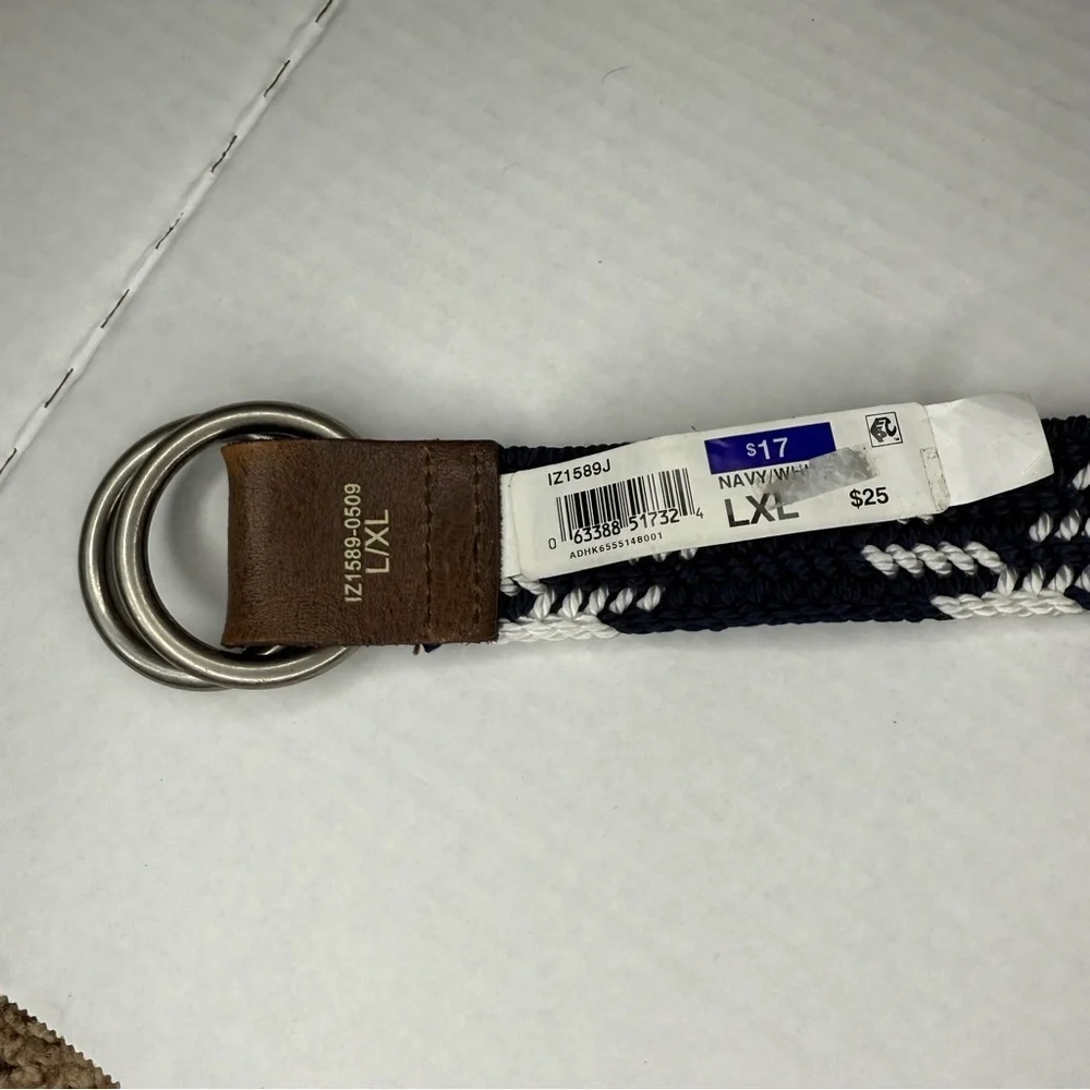 Navy and White Braided Belt with Brown Accents